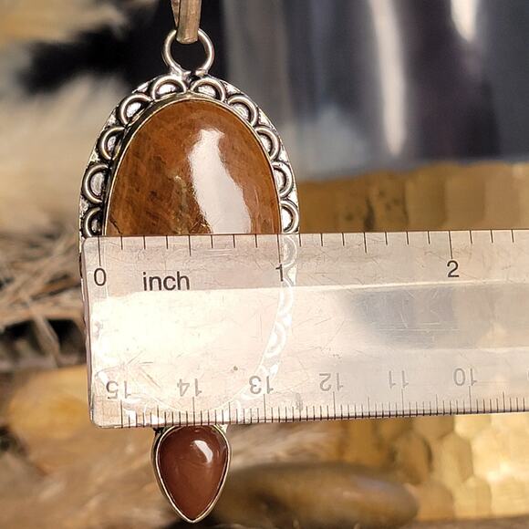 Earthy Sterling Silver Petrified Wood Pendant with Carnelian Drop - Picture 6 of 10